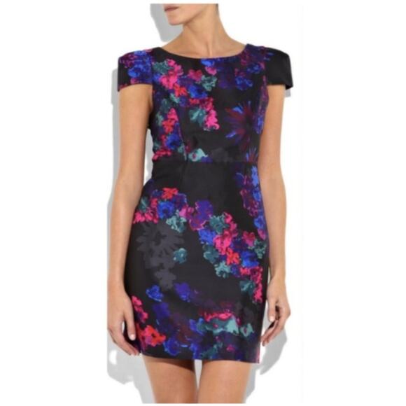 Tibi Dark Floral Print Silk Cap Sleeve Dress - Picture 1 of 10